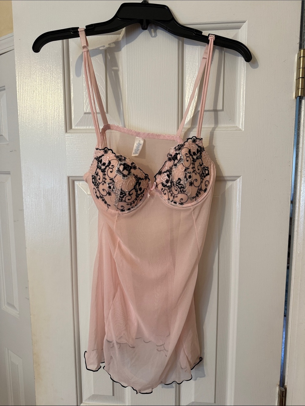 Sheer Pink Embroidered Babydoll Chemise with Black Accents